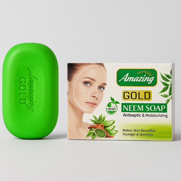 Amazing Gold Neem Soap – Organic Antiseptic & Moisturizing Neem Bar for Younger, Soft, Spot-Free Skin